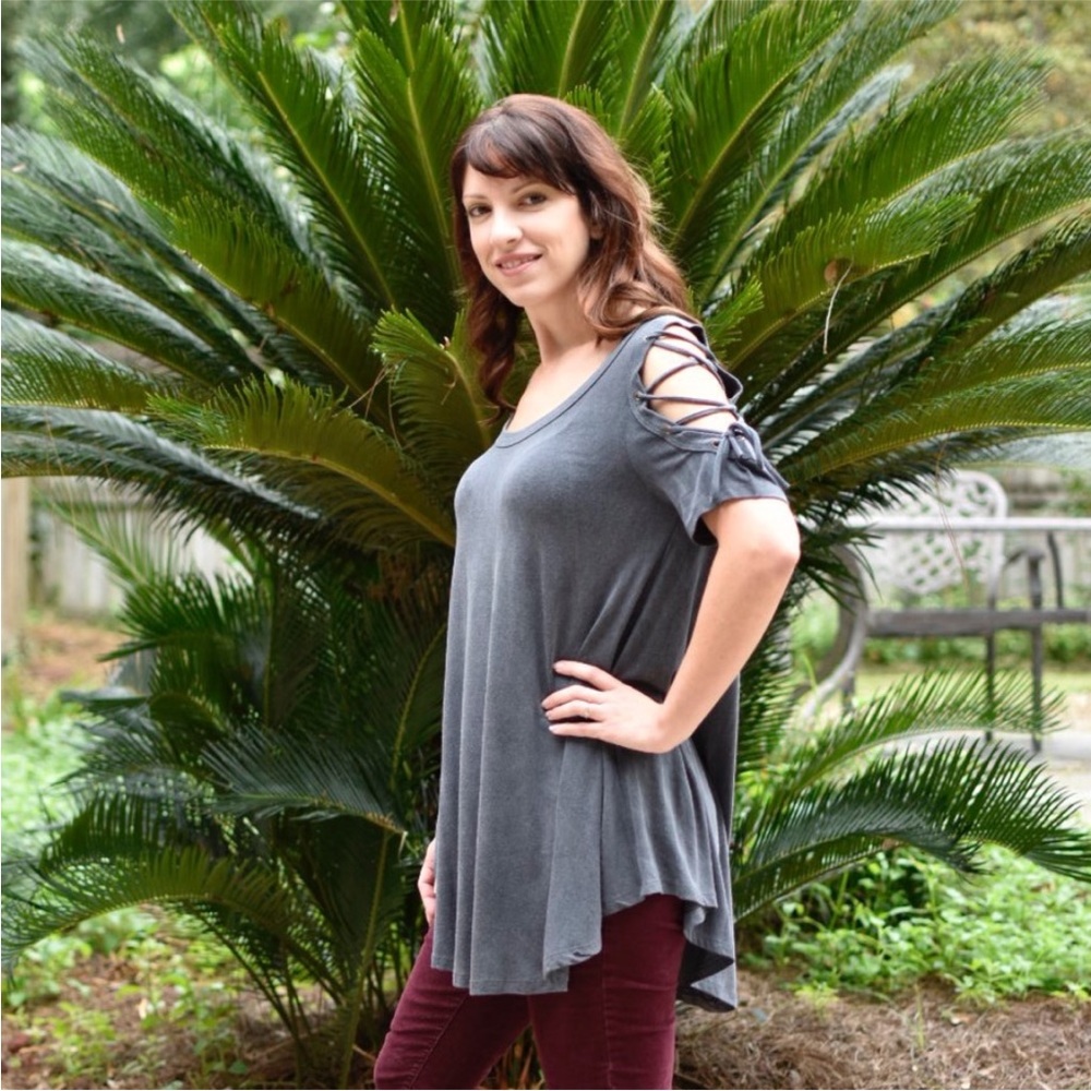 Mineral Wash Gray Top Grommet Lace up open shoulder detail, swing cut